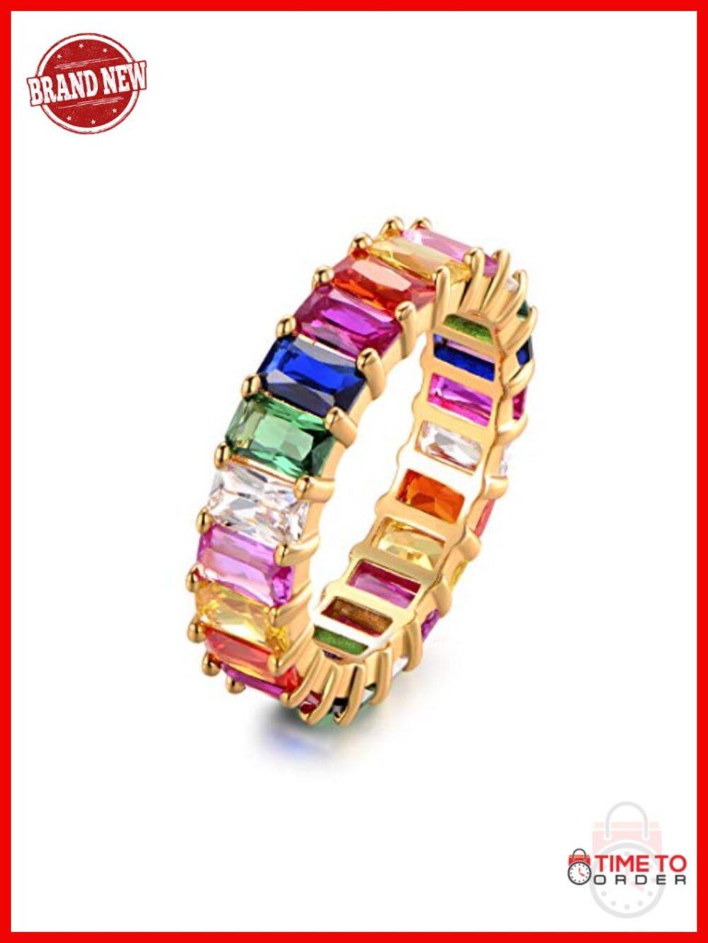 18K Gold Plated Eternity Ring Emerald-Cut Rainbow Created Gemstone Band
